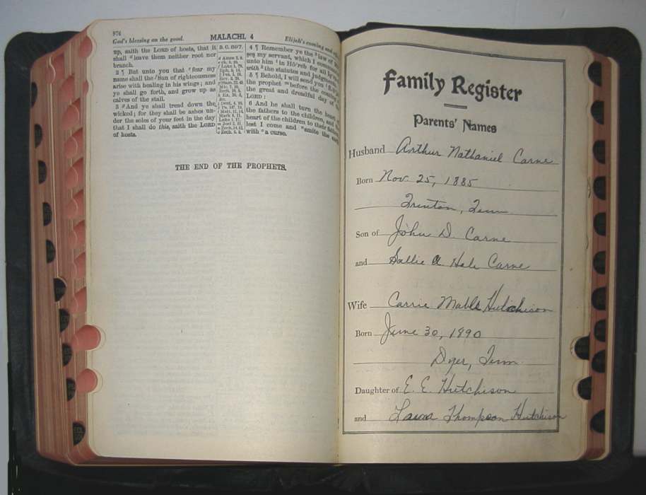 Arthur N. Carne Family Bible - Parents